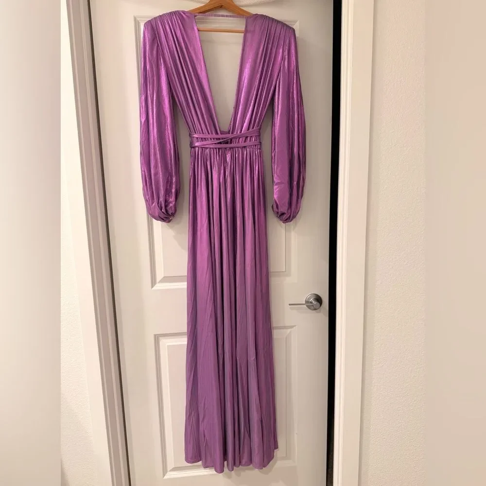 NWOT BRONX AND BANCO Zoe Metallic Blouson-Sleeve Elegant Purple Evening Gown - Picture 12 of 13